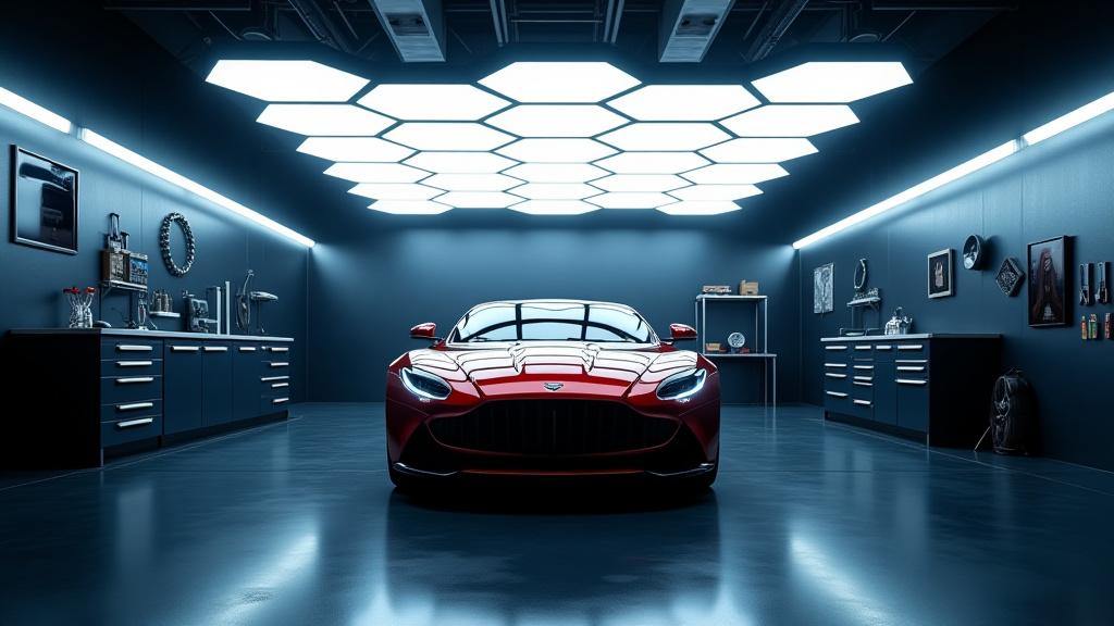 Vue intérieure de l'atelier avec éclairage hexagonal au plafond reflétant sur une voiture